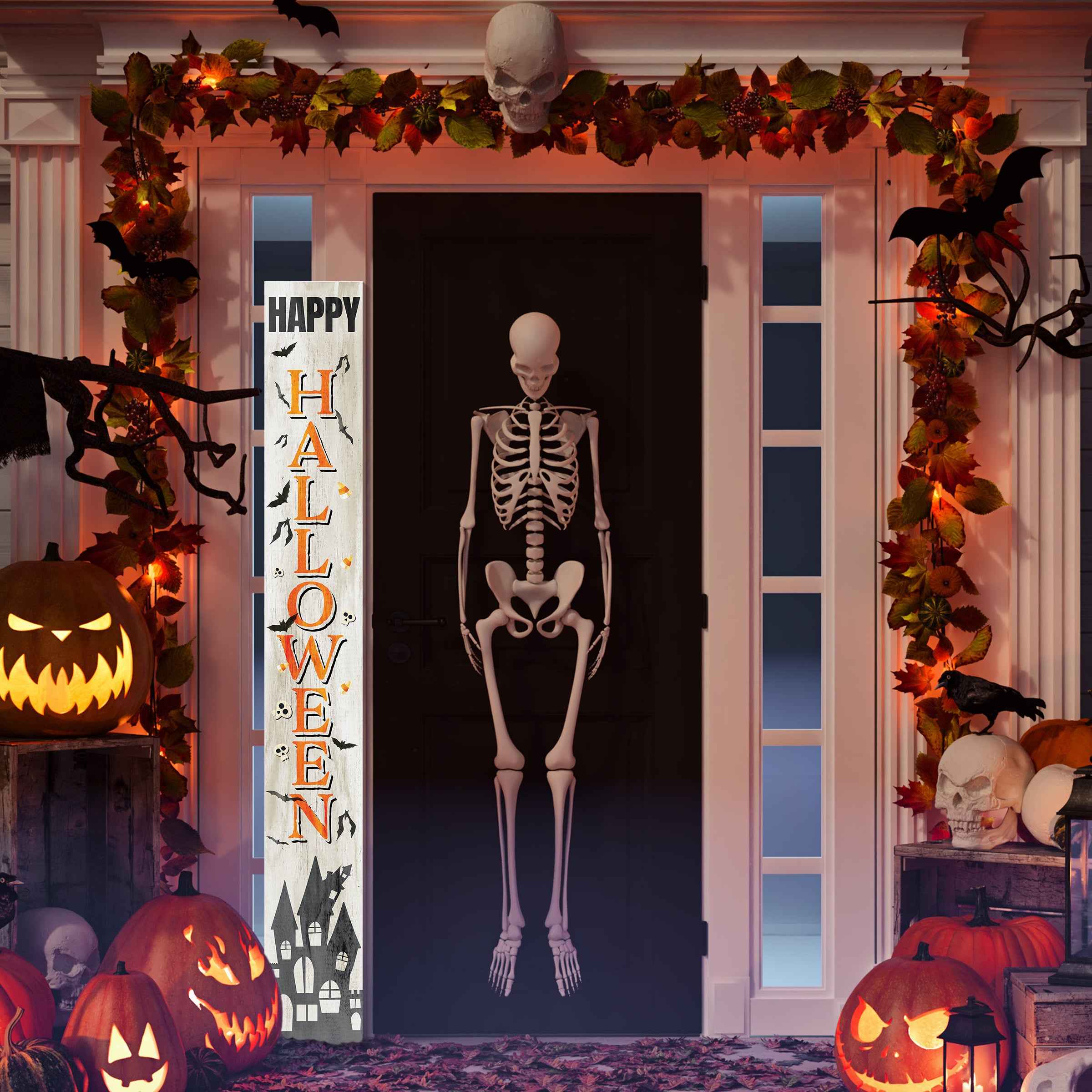 72" White Black And Orange Halloween Ghost Solid Wood Porch Sign