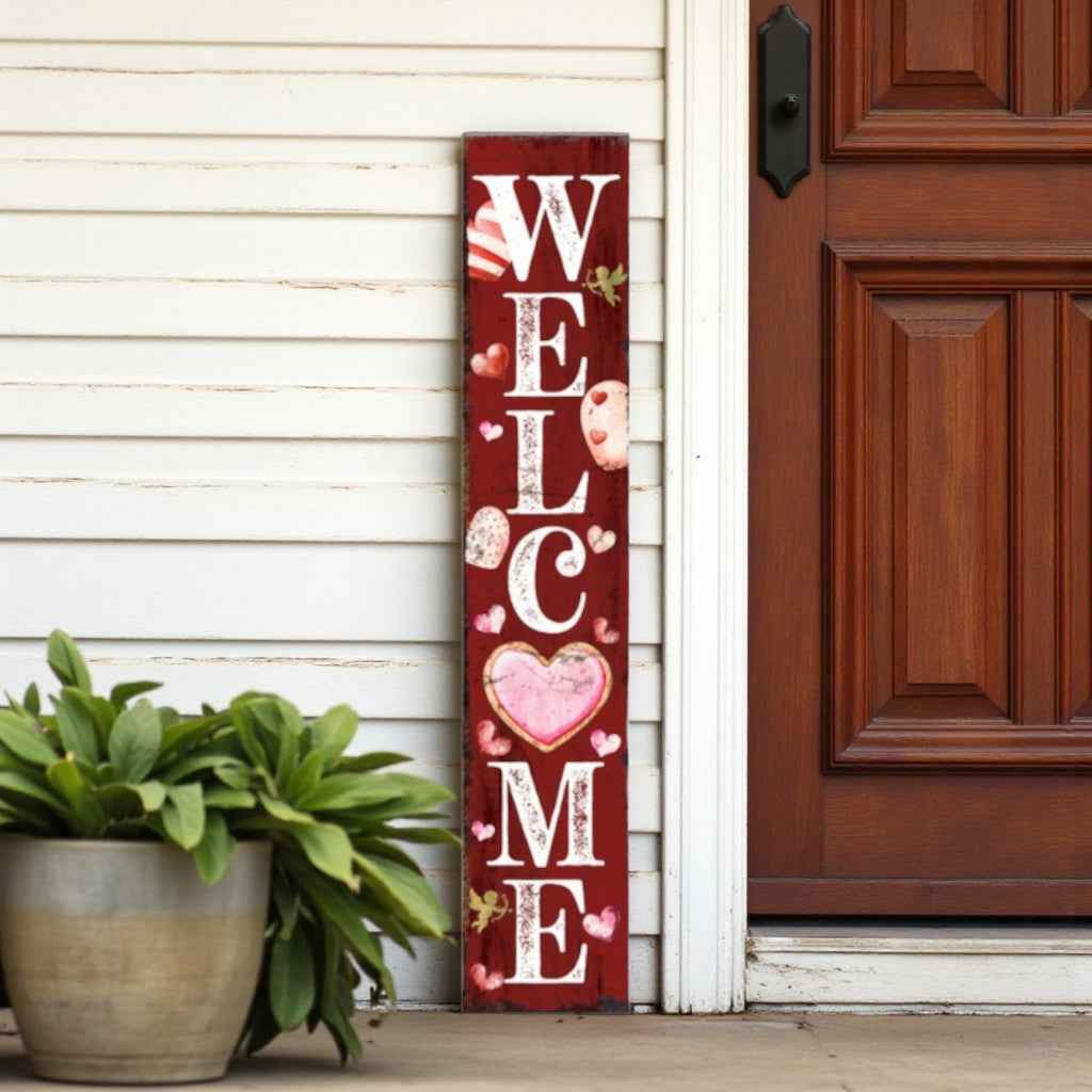 48" Red And White Solid Wood Valentine's Day Heart Welcome Porch Sign