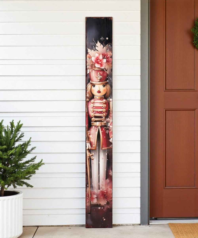 72" Black And Pink Solid Wood Christmas Female Nutcracker Porch Sign
