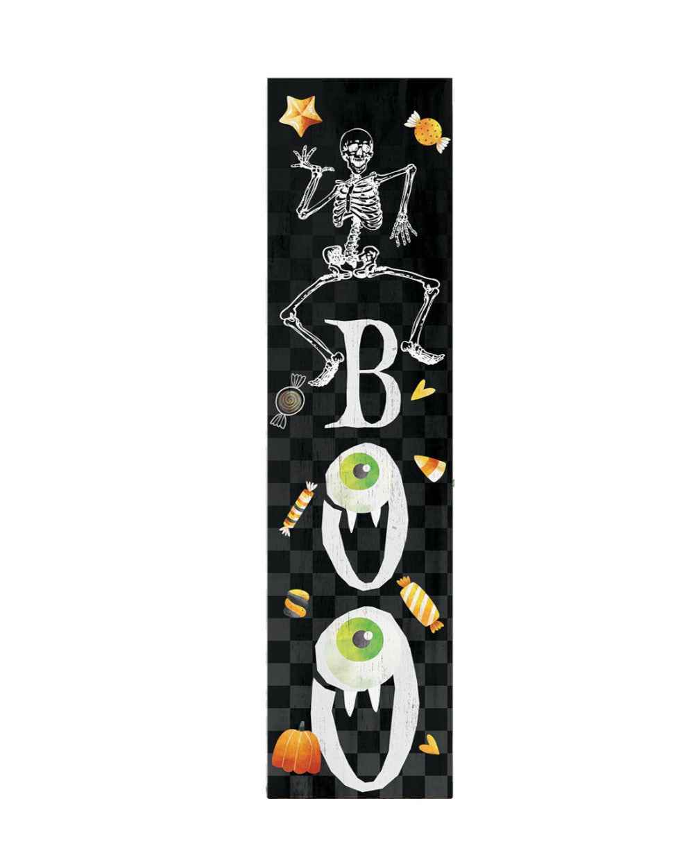 36" Black And White Solid Wood Boo Halloween Skeleton Porch Sign