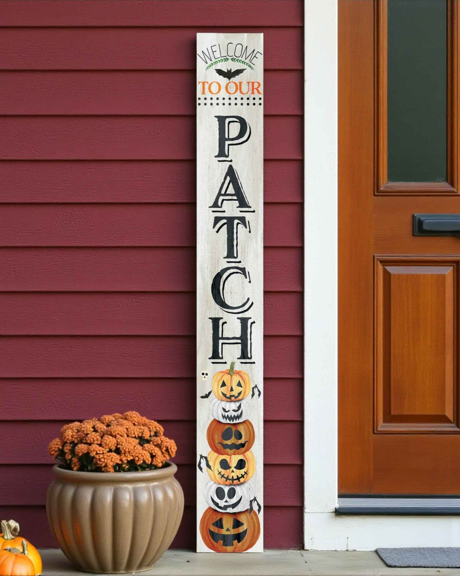 72" Black Orange And White Solid Wood Welcome Halloween Jack-O-Lantern Porch Sign