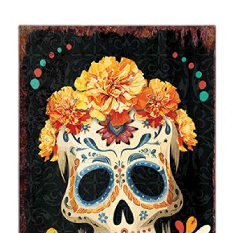 72" Black Gold And Orange Solid Wood Bienvenidos Skull Porch Sign