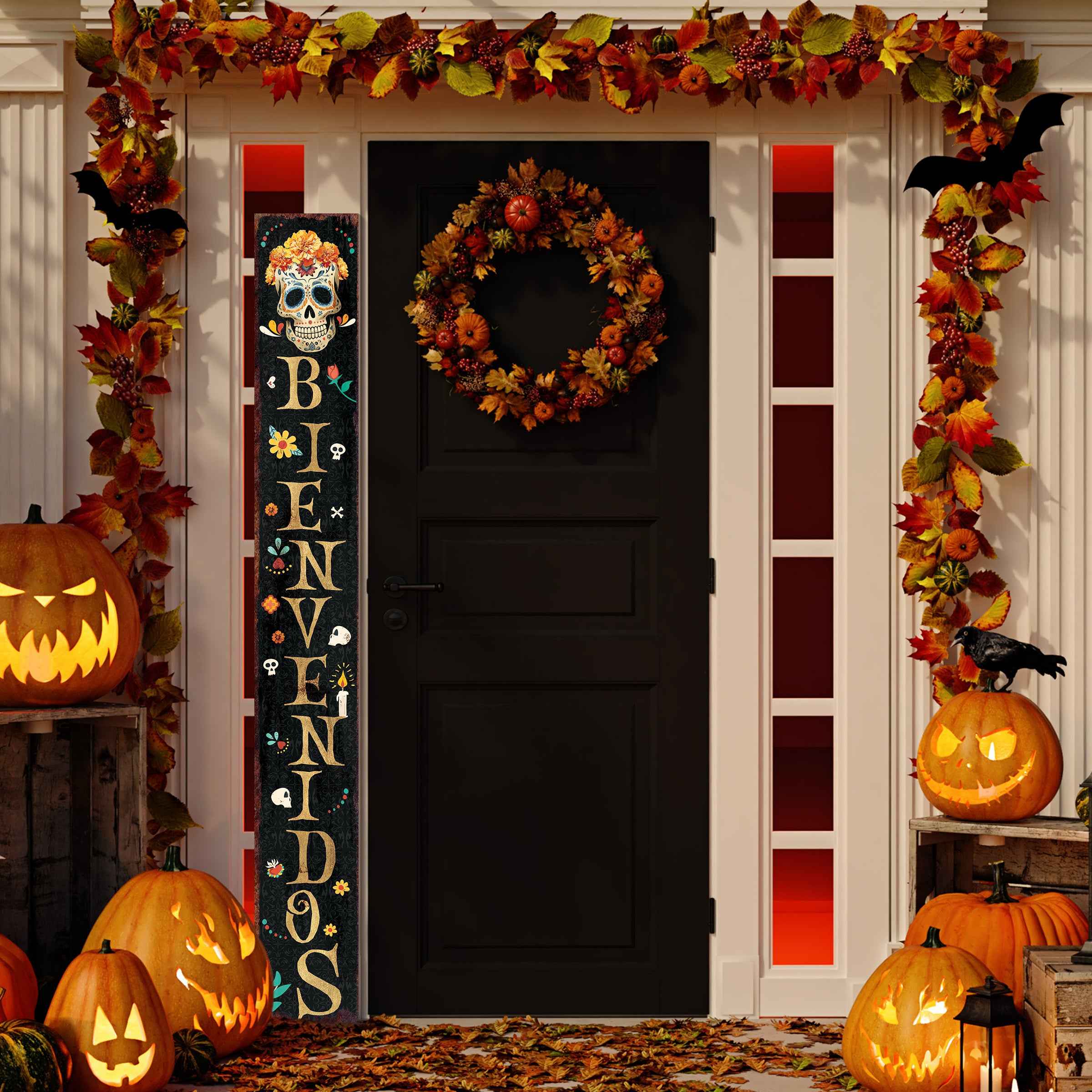 72" Black Gold And Orange Solid Wood Bienvenidos Skull Porch Sign