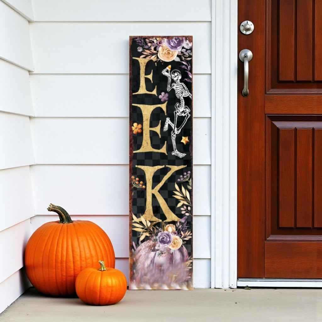 36" Black Gold And Purple Solid Wood Eek Halloween Skeleton Porch Sign