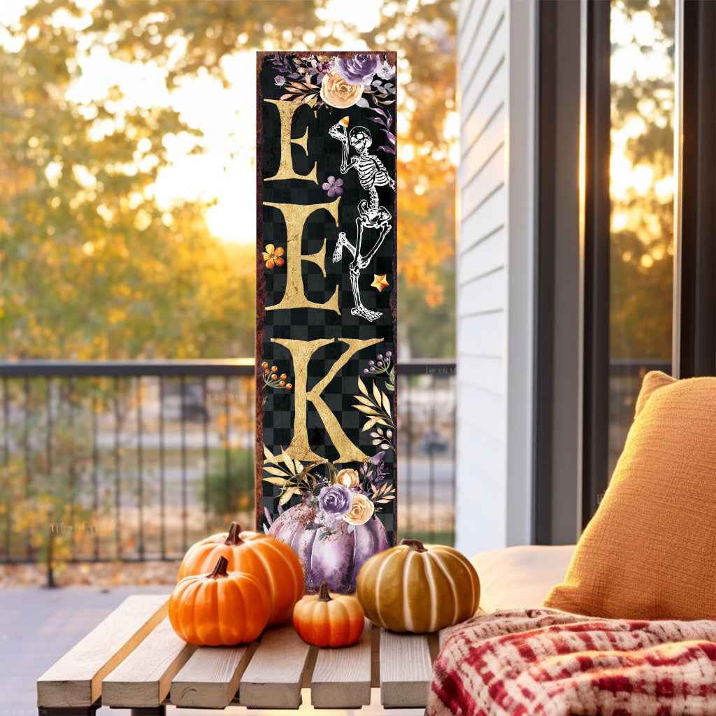 36" Black Gold And Purple Solid Wood Eek Halloween Skeleton Porch Sign