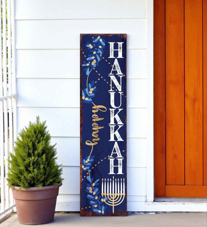 36" Blue White And Gold Hanukkah Tree Solid Wood Porch Sign
