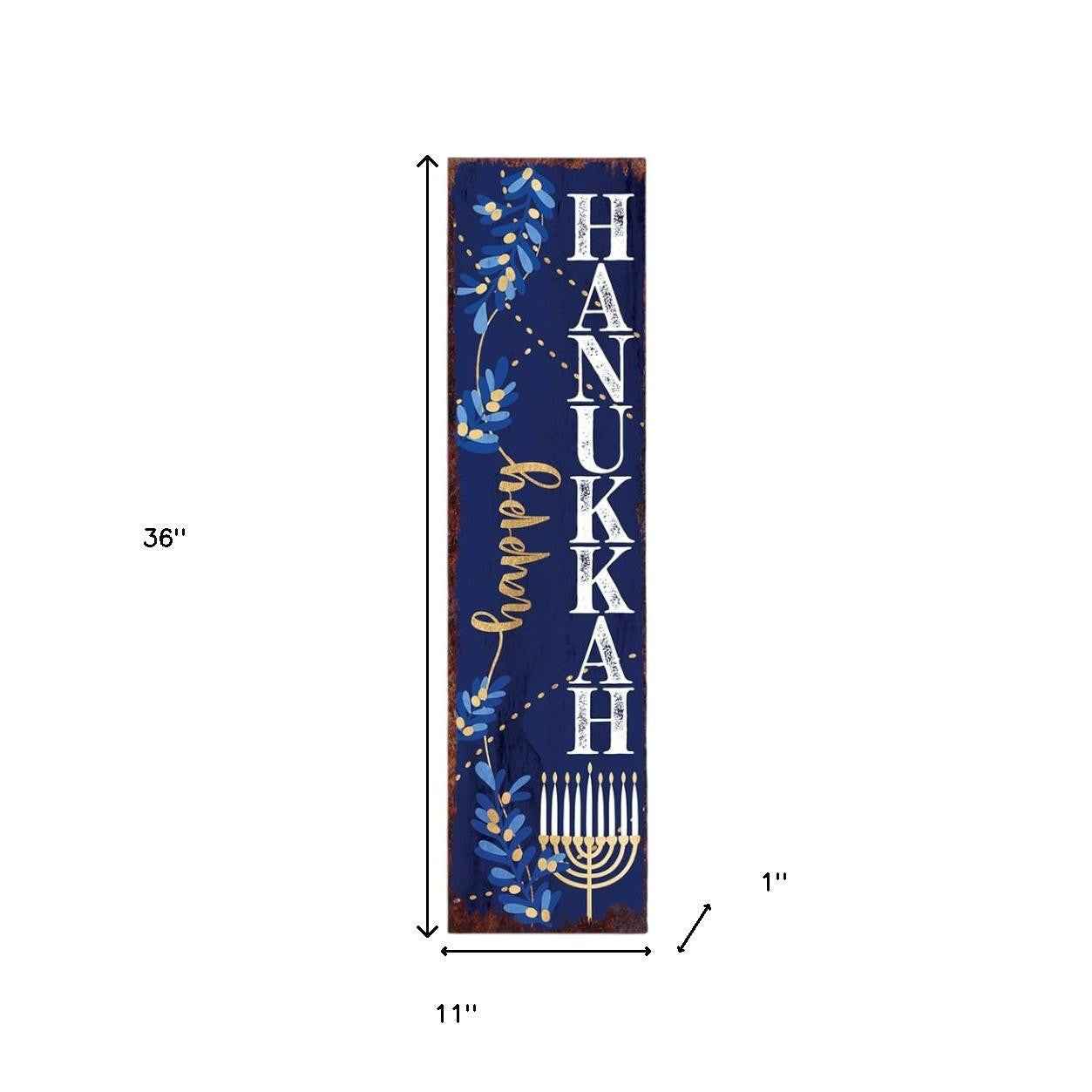 36" Blue White And Gold Hanukkah Tree Solid Wood Porch Sign