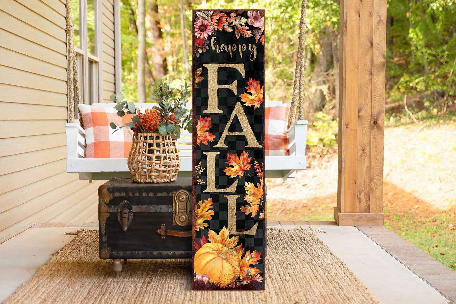 36" Black And Orange Solid Wood Happy Fall Leaves Porch Sign