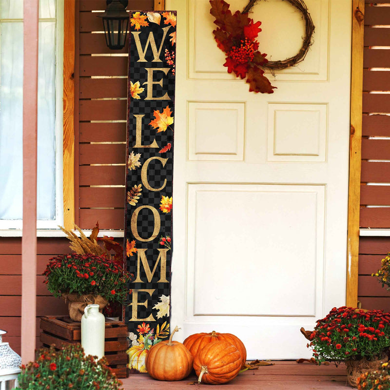 72" Black Gold And Orange Solid Wood Welcome Leaves Porch Sign