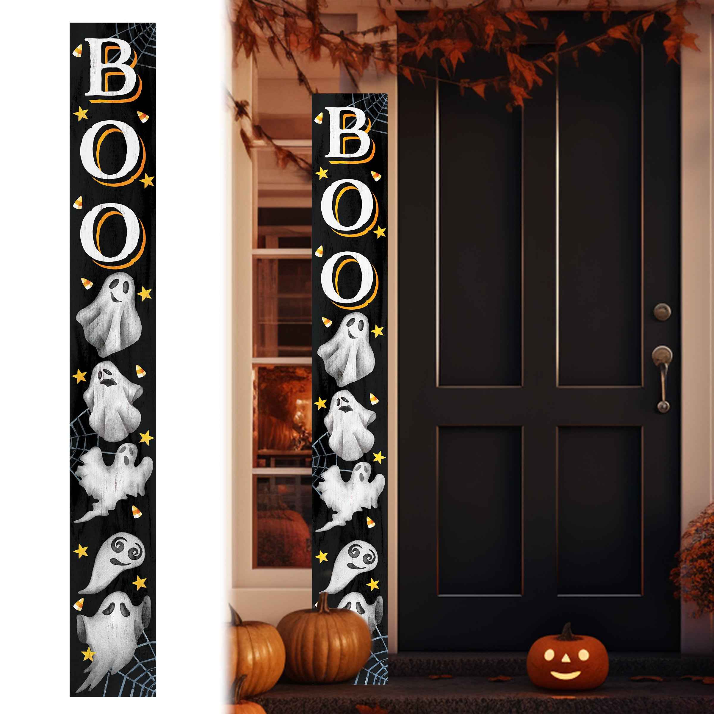 72" Black White And Orange Halloween Ghost Solid Wood Porch Sign