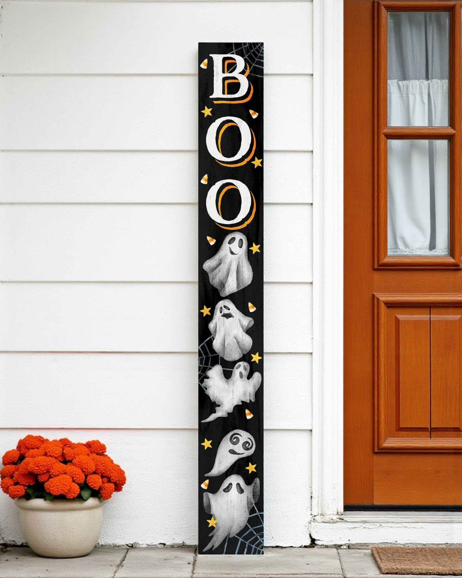 72" Black White And Orange Halloween Ghost Solid Wood Porch Sign