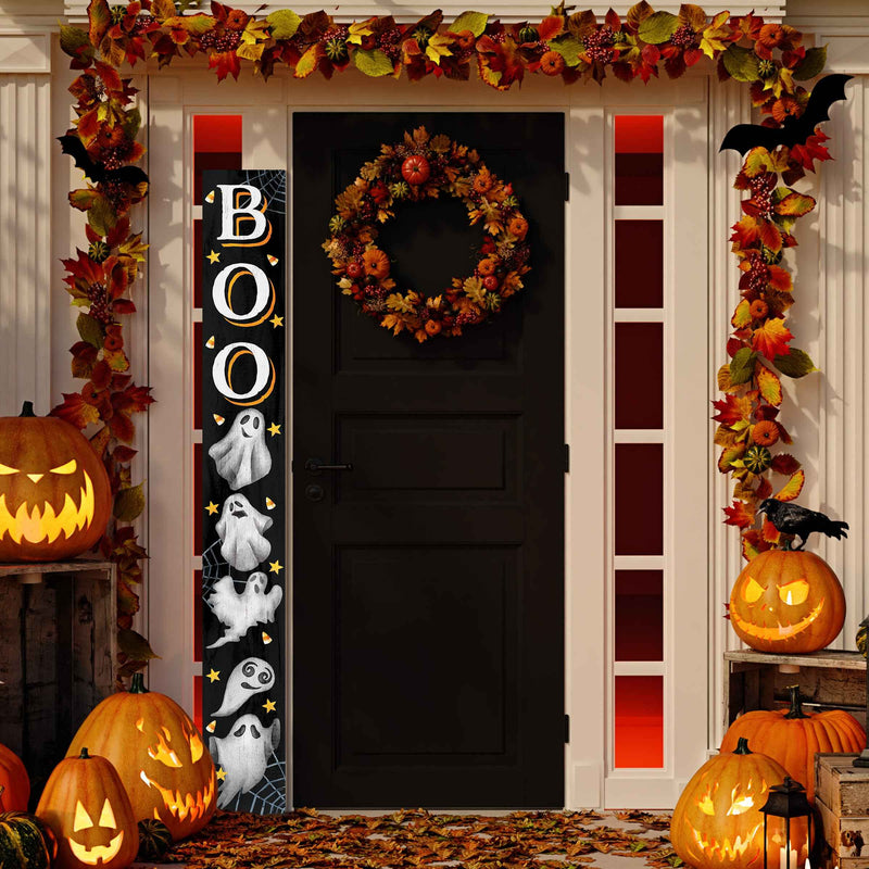72" Black White And Orange Halloween Ghost Solid Wood Porch Sign