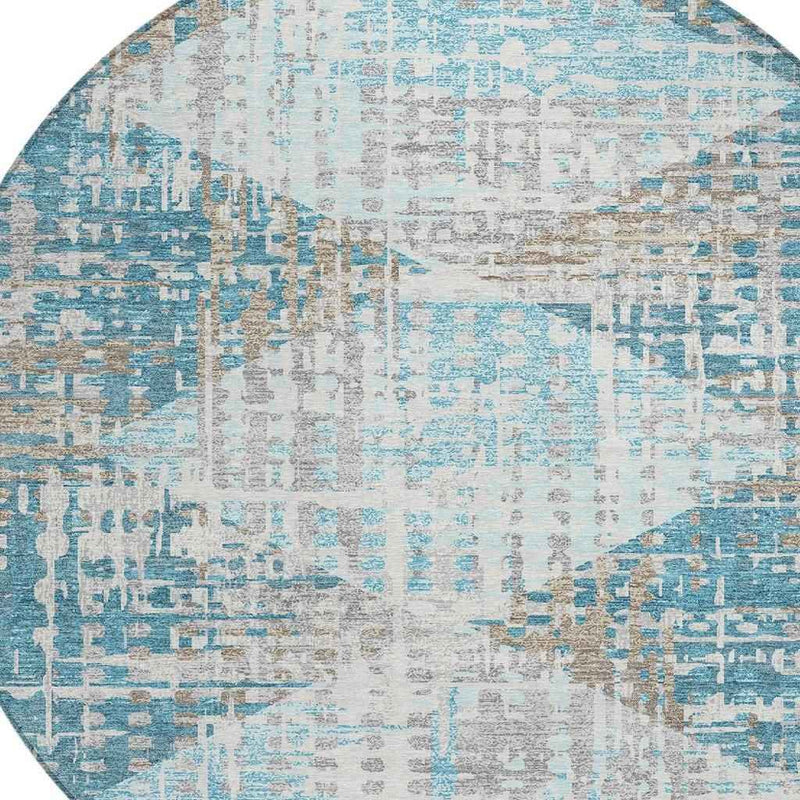 8' Teal Blue And Beige Round Geometric Washable Indoor Outdoor Area Rug