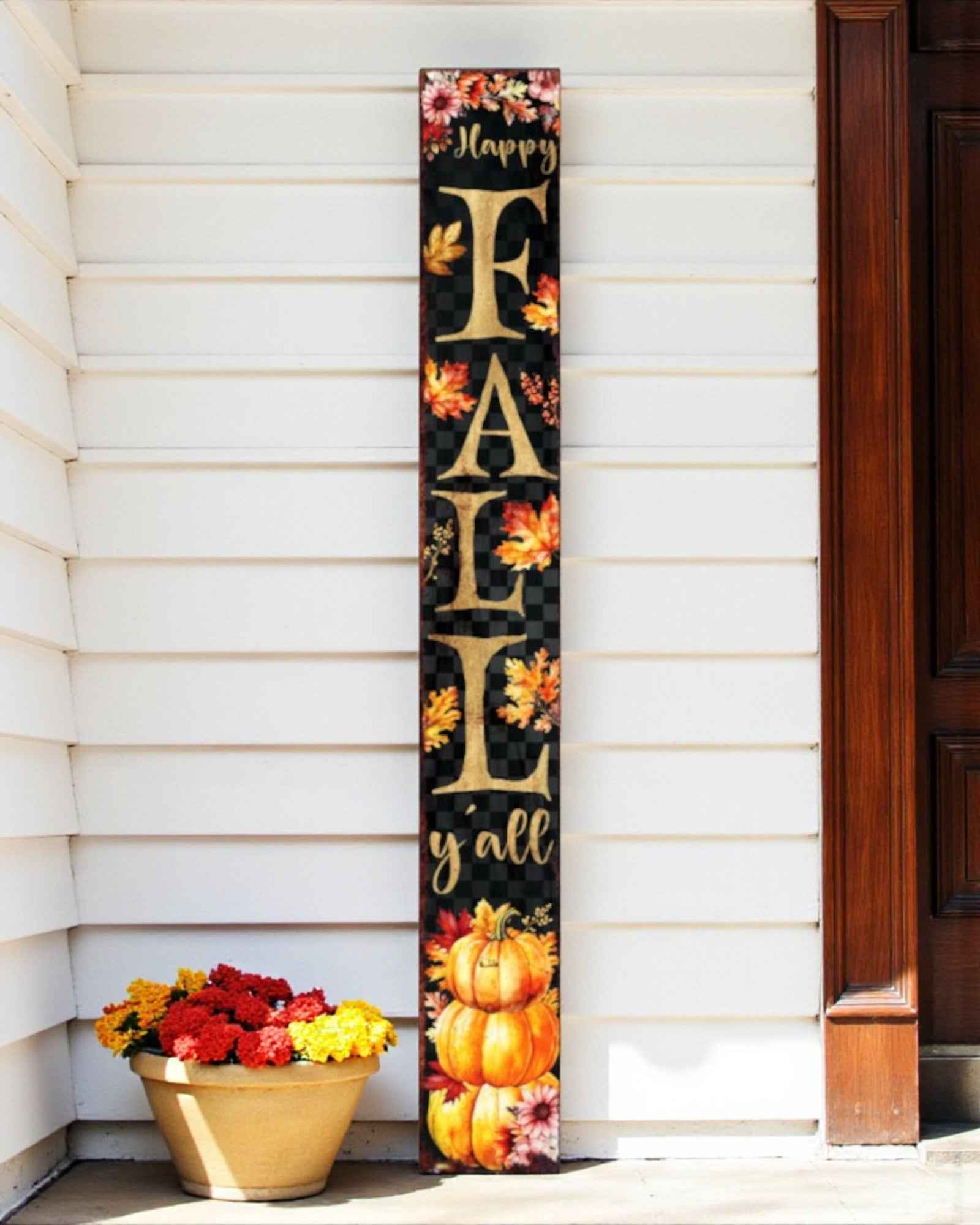 72" Black Gold And Orange Solid Wood Happy Fall Porch Sign