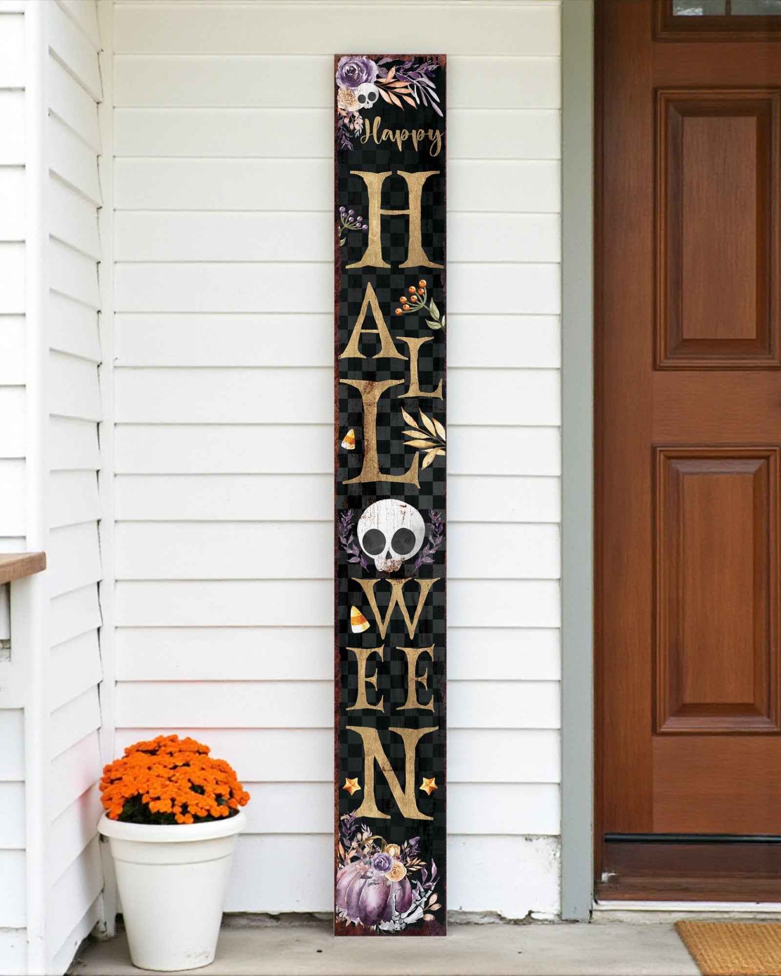 72" Black Gold And Purple Solid Wood Halloween Halloween Skull Porch Sign