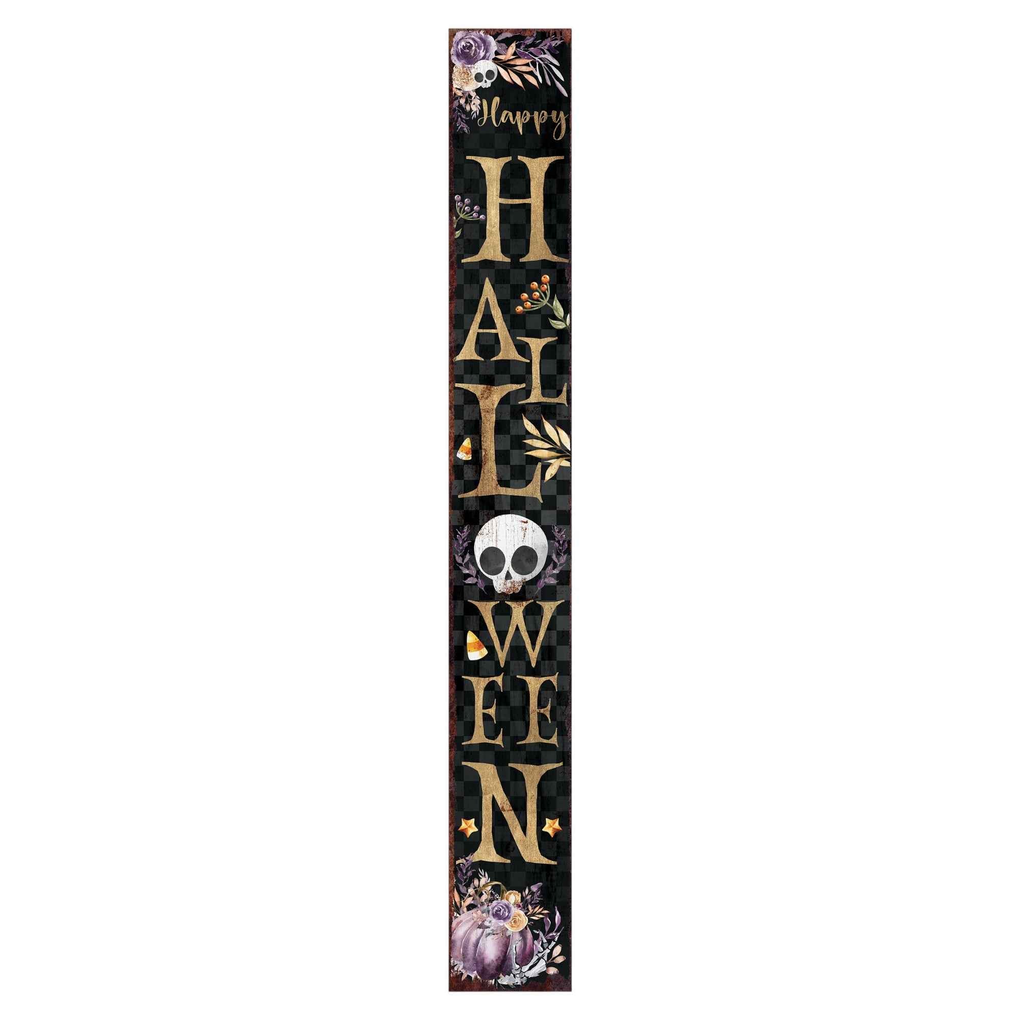 72" Black Gold And Purple Solid Wood Halloween Halloween Skull Porch Sign