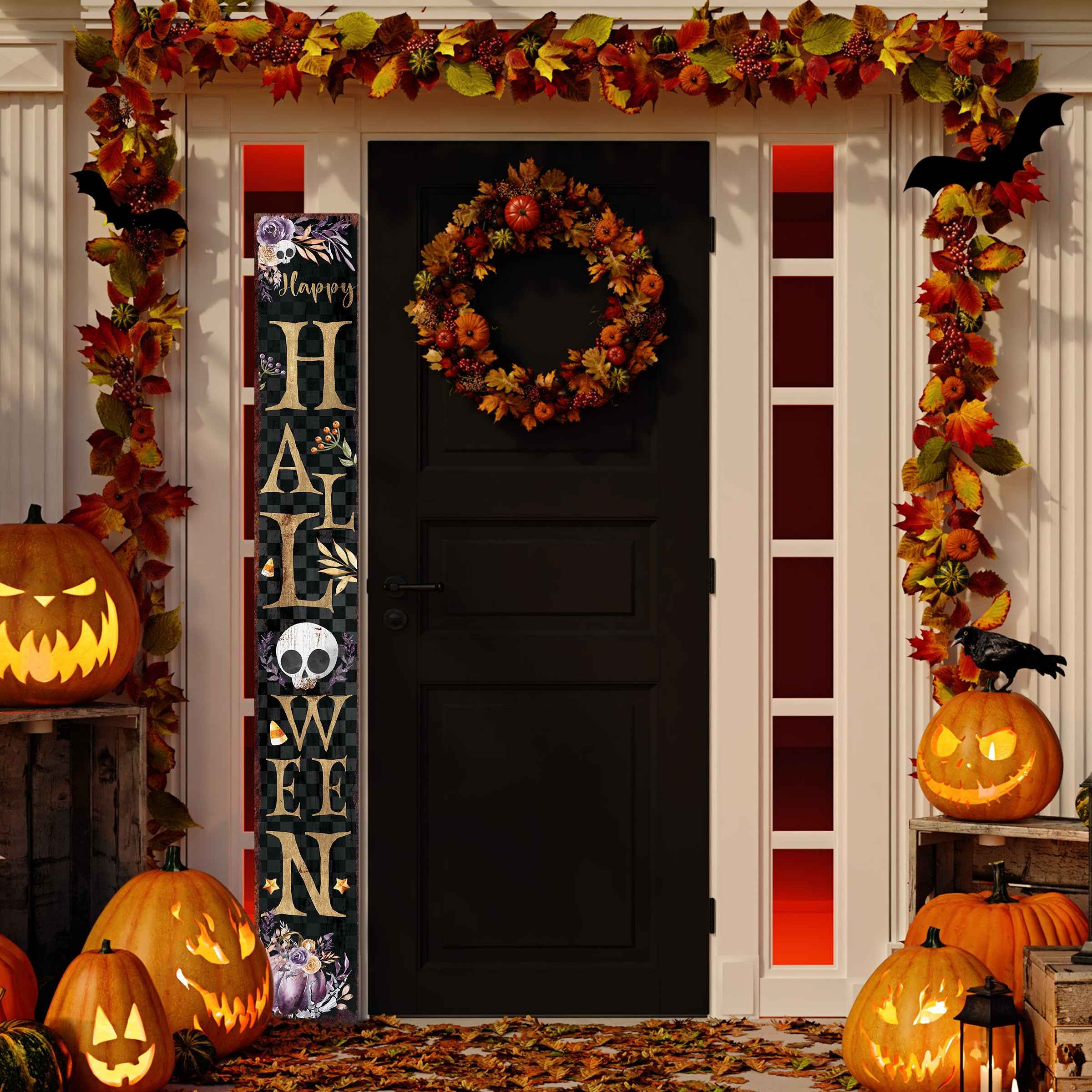 72" Black Gold And Purple Solid Wood Halloween Halloween Skull Porch Sign