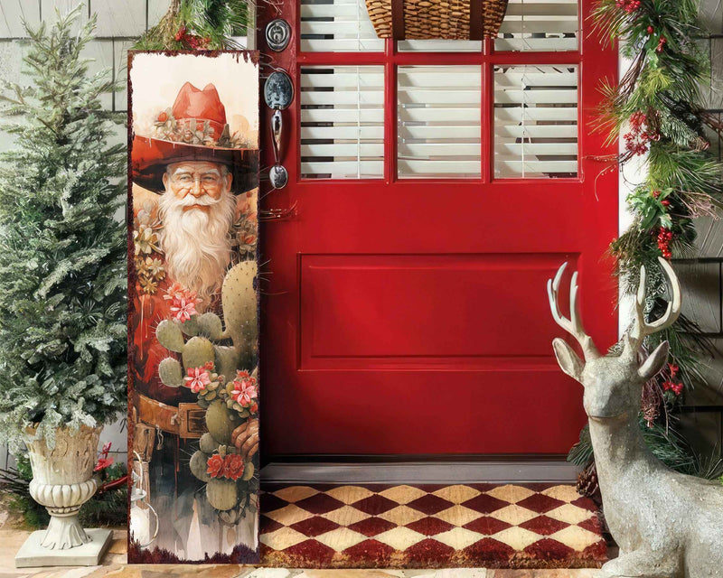 36" Red Green And White Solid Wood Christmas Cowboy Santa Porch Sign