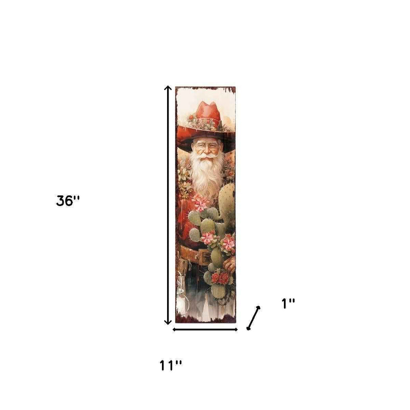 36" Red Green And White Solid Wood Christmas Cowboy Santa Porch Sign