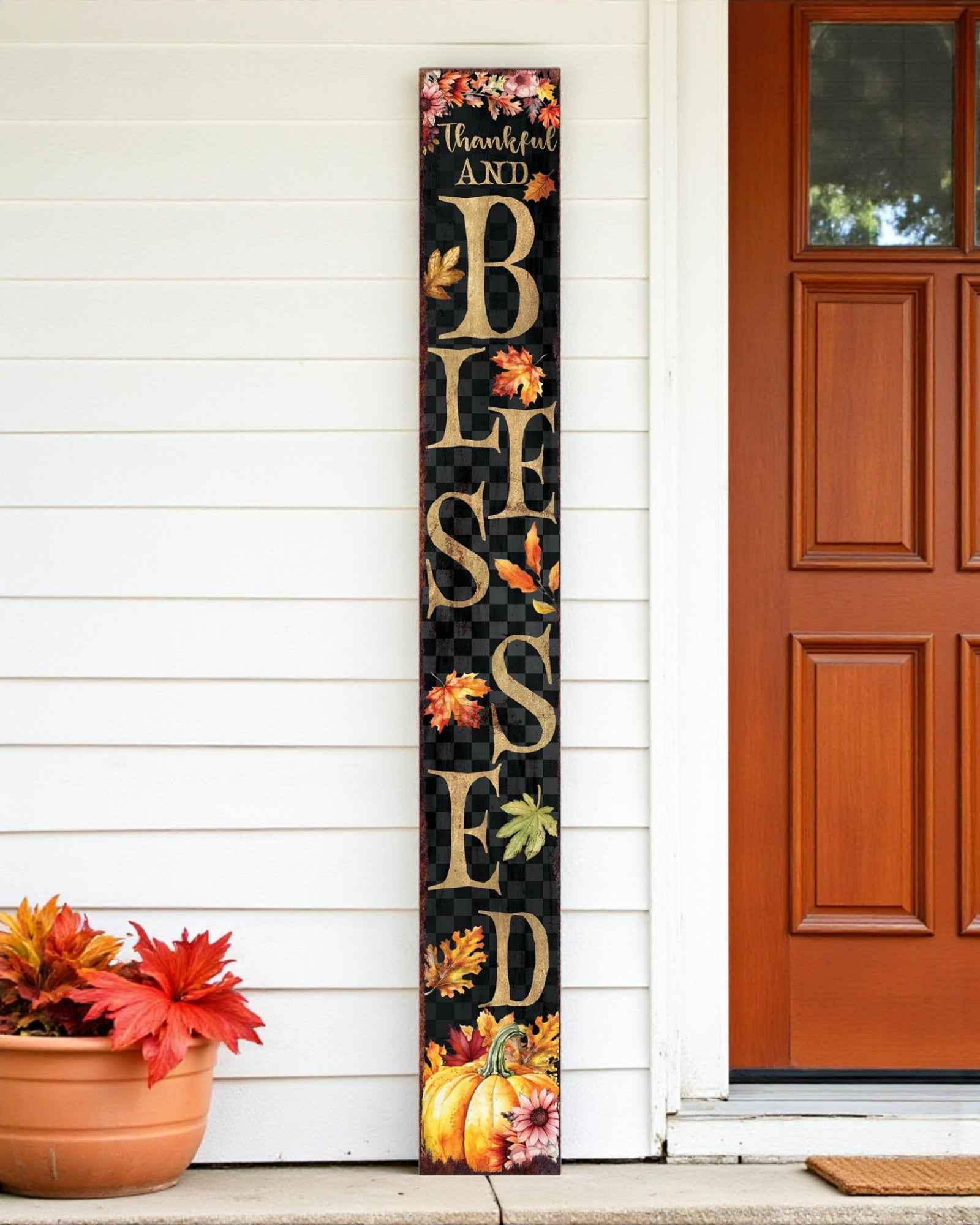 72" Black Gold And Orange Solid Wood Porch Sign