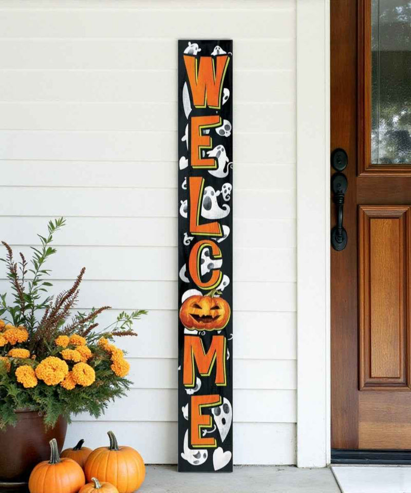 72" Black And Orange Solid Wood Welcome Halloween Ghost Porch Sign