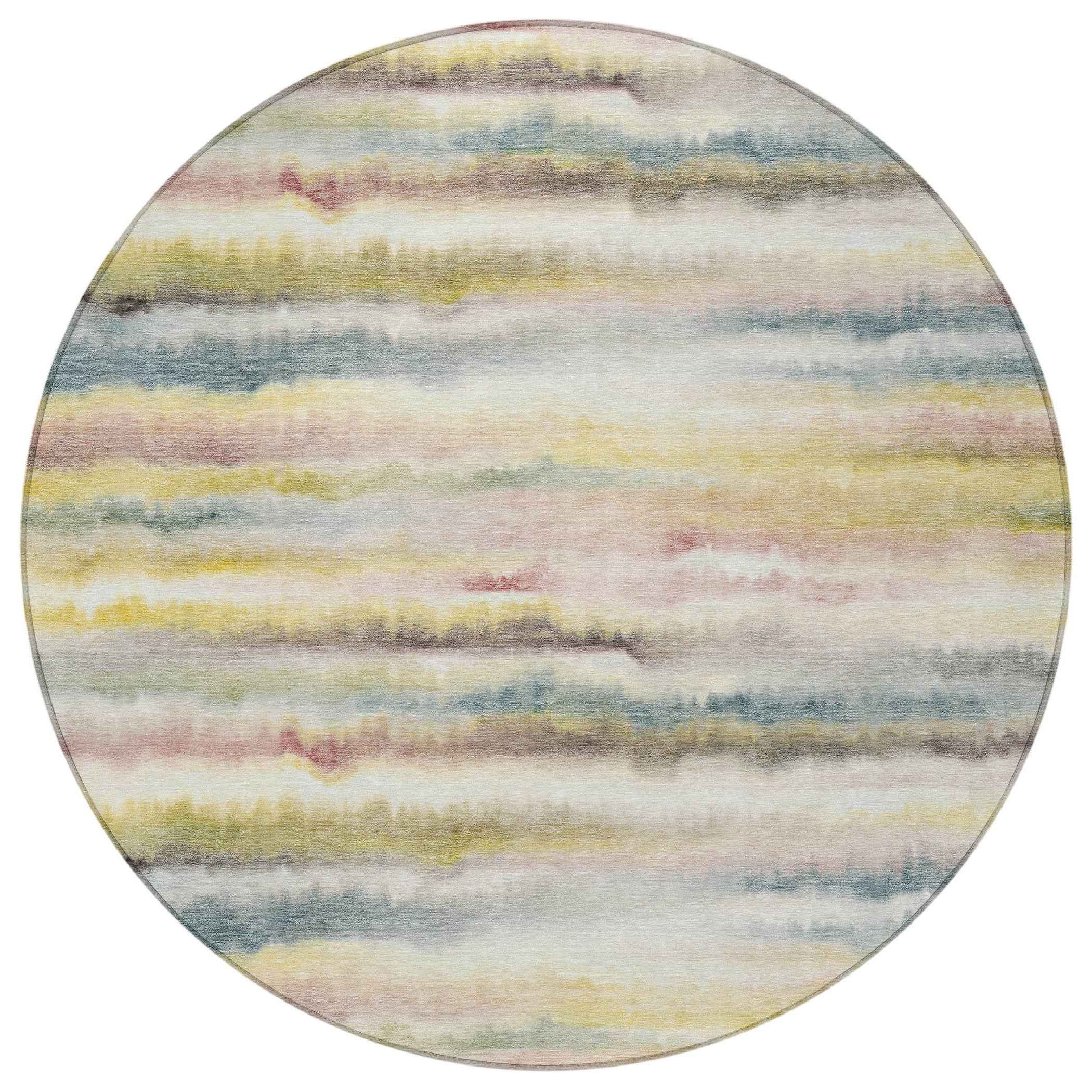 8' Gold Gray And Ivory Round Striped Washable Indoor Outdoor Area Rug
