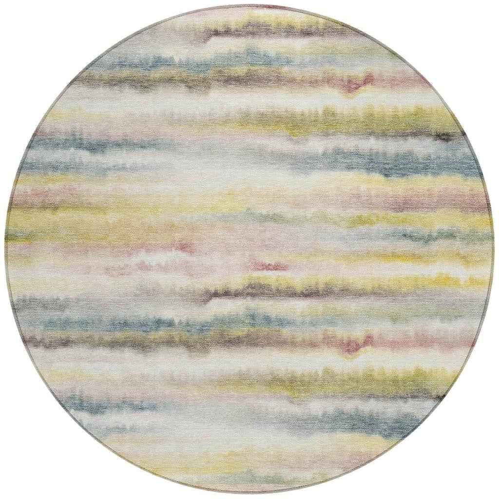 8' Gold Gray And Ivory Round Striped Washable Indoor Outdoor Area Rug
