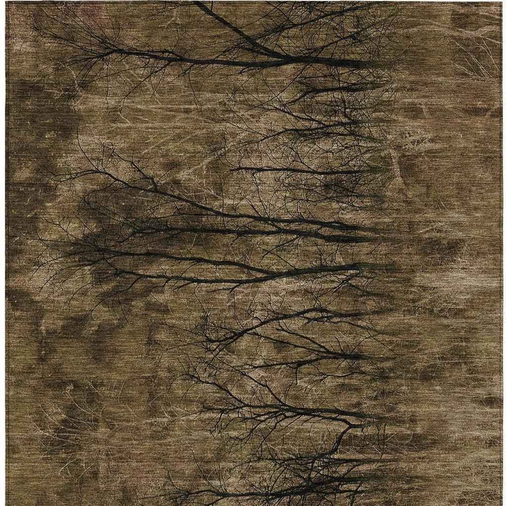 9' X 12' Brown And Charcoal Floral Washable Indoor Outdoor Area Rug