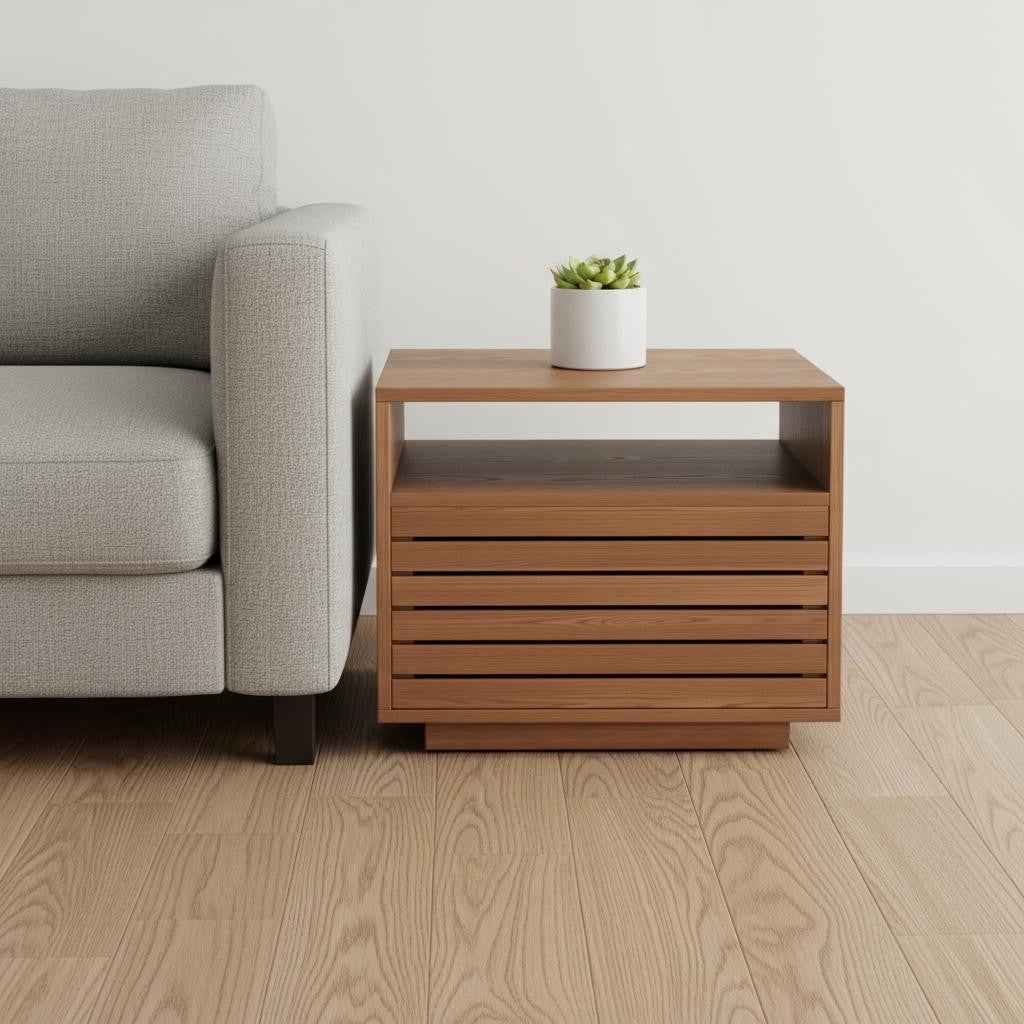 16" Brown Solid Wood Pedestal End Table With Drawer