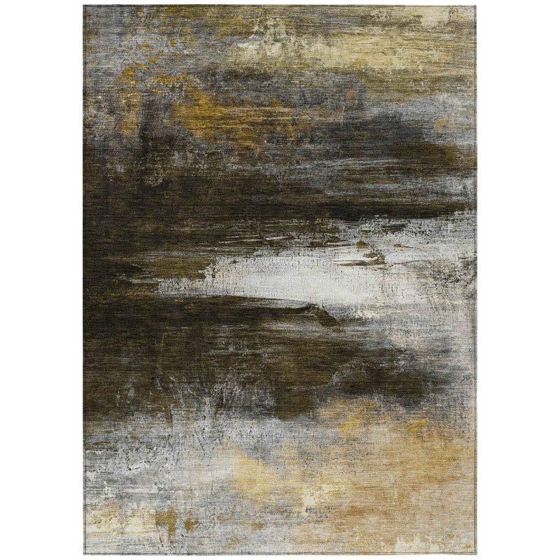 3' X 5' Chocolate Gold And Beige Abstract Washable Indoor Outdoor Area Rug