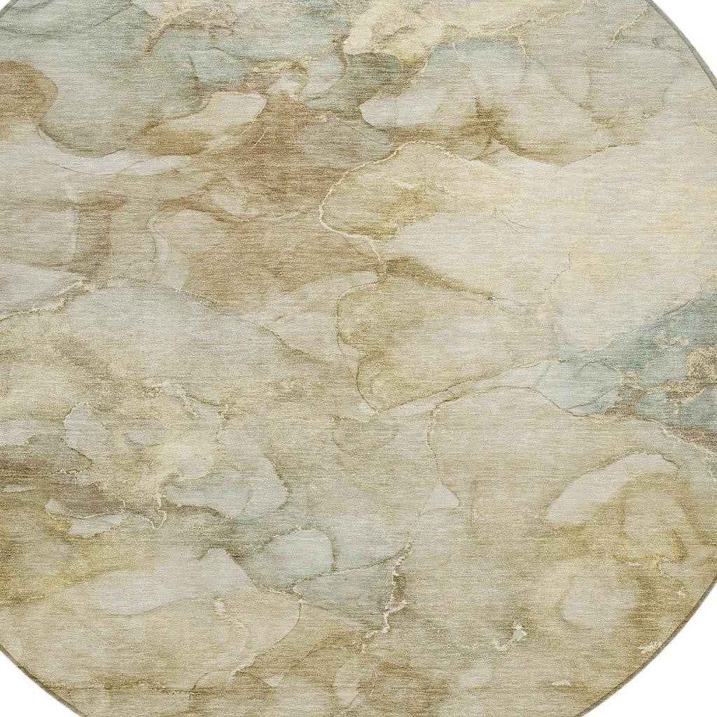 8' Beige And Ivory Round Abstract Washable Indoor Outdoor Area Rug