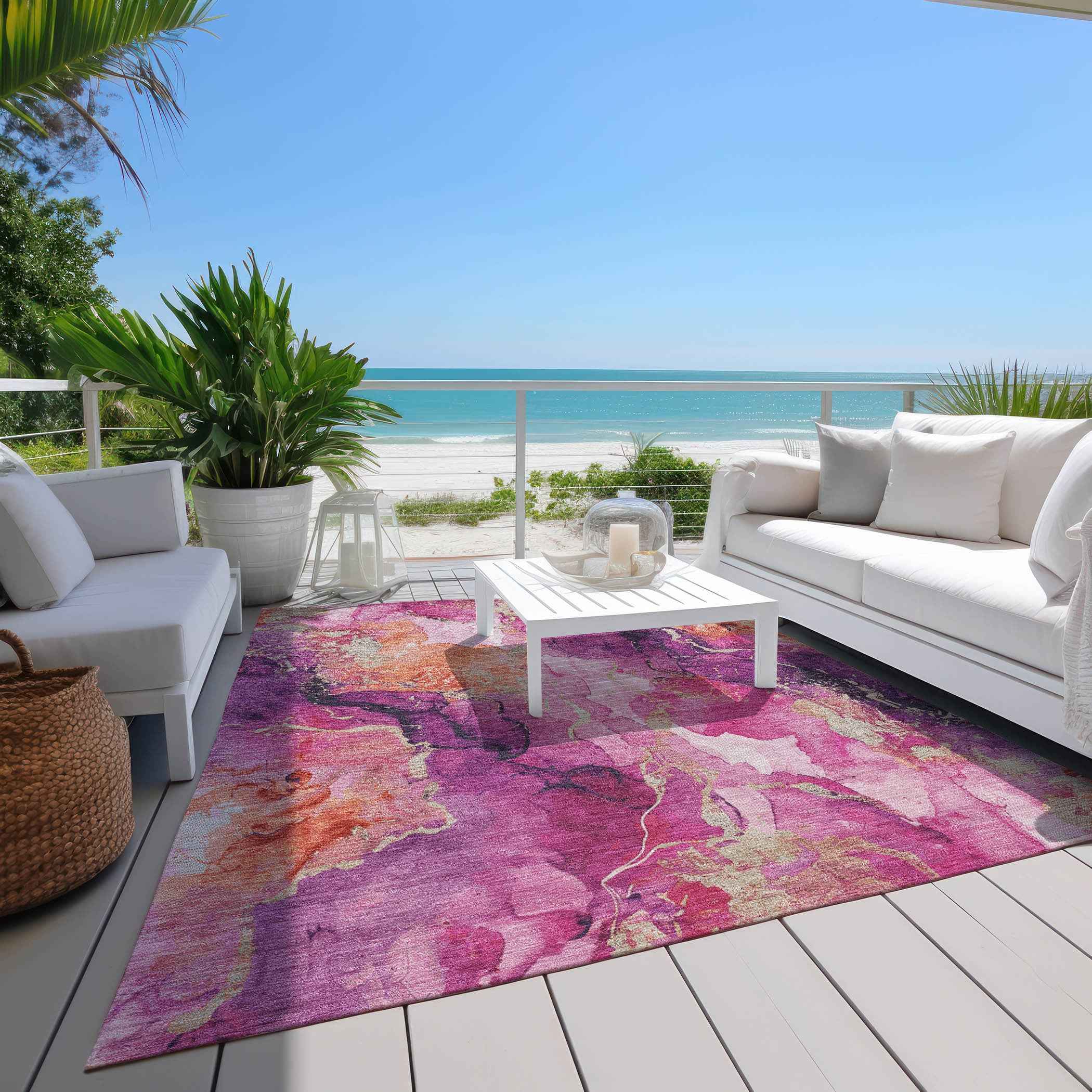 5' X 8' Ruby Red And Purple Abstract Washable Indoor Outdoor Area Rug