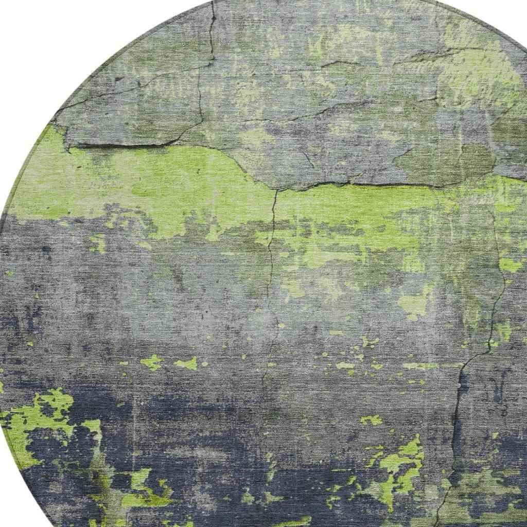 8' Lime Green Gray And Silver Round Abstract Washable Indoor Outdoor Area Rug