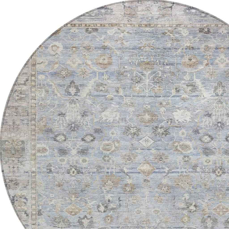 8' Sky Blue Brown And Ivory Round Oriental Washable Indoor Outdoor Area Rug