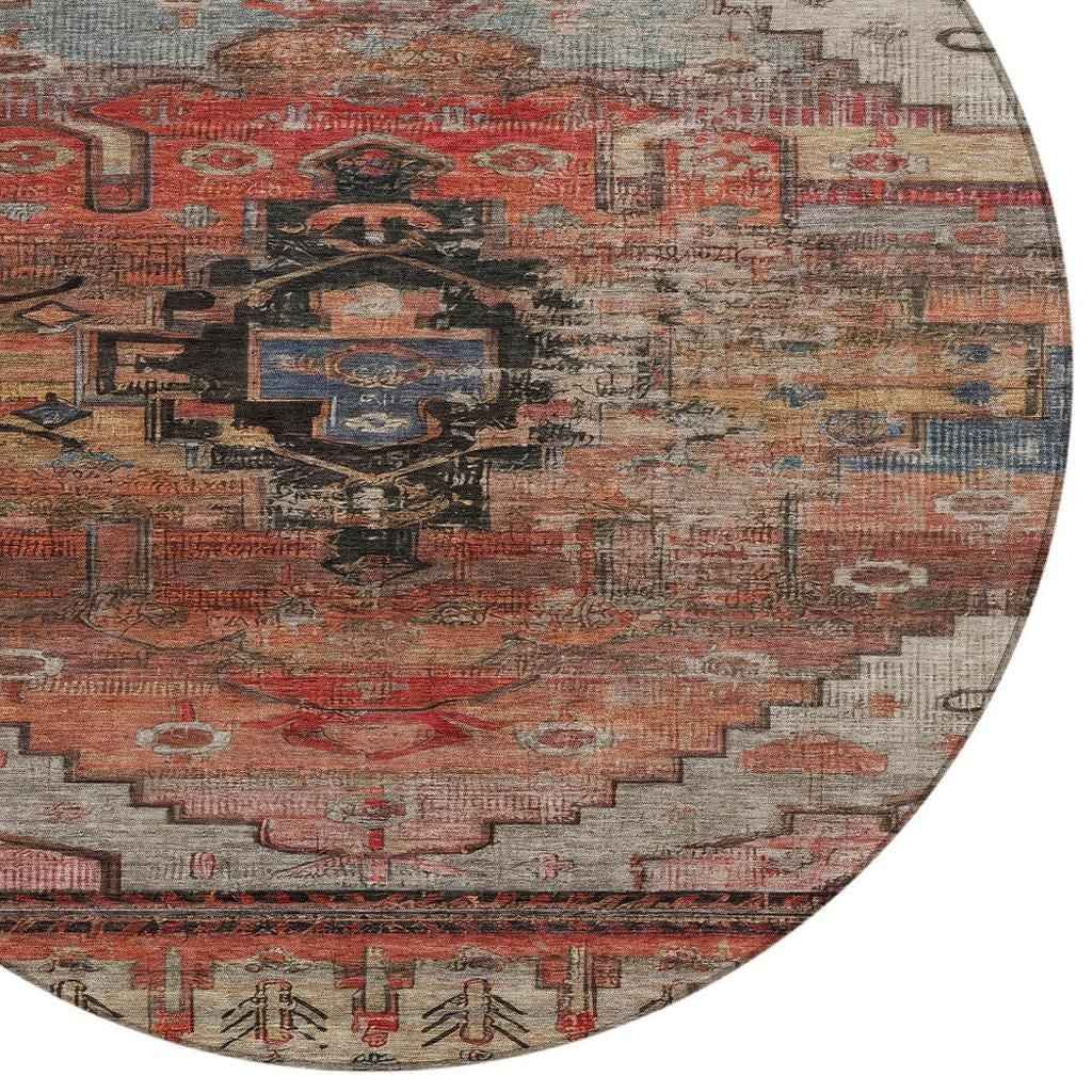 8' Rust Ivory And Gray Round Tribal Washable Indoor Outdoor Area Rug