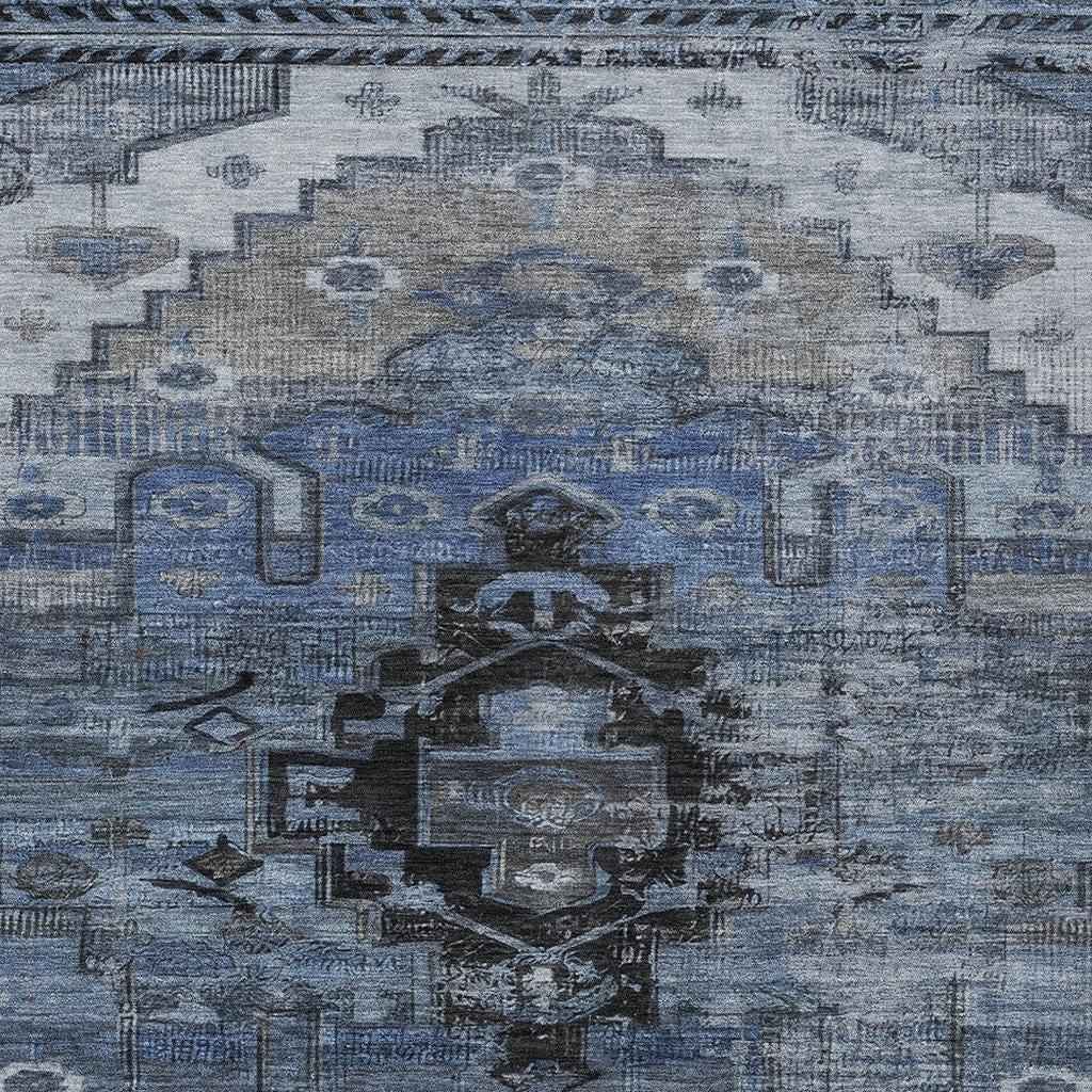 9' X 12' Blue Ivory And Gray Tribal Washable Indoor Outdoor Area Rug