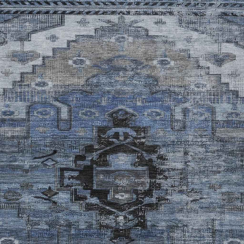 9' X 12' Blue Ivory And Gray Tribal Washable Indoor Outdoor Area Rug