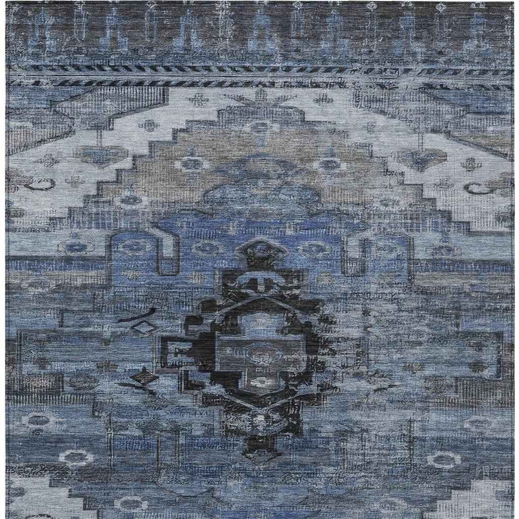 9' X 12' Blue Ivory And Gray Tribal Washable Indoor Outdoor Area Rug