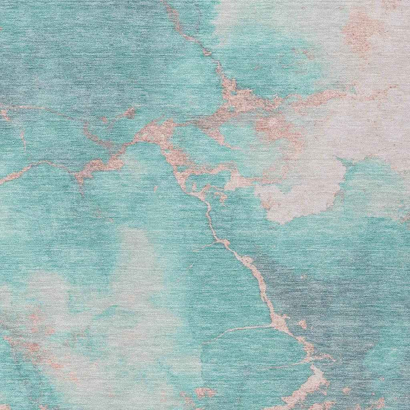 3' X 5' Teal Blue Peach And Ivory Abstract Washable Indoor Outdoor Area Rug