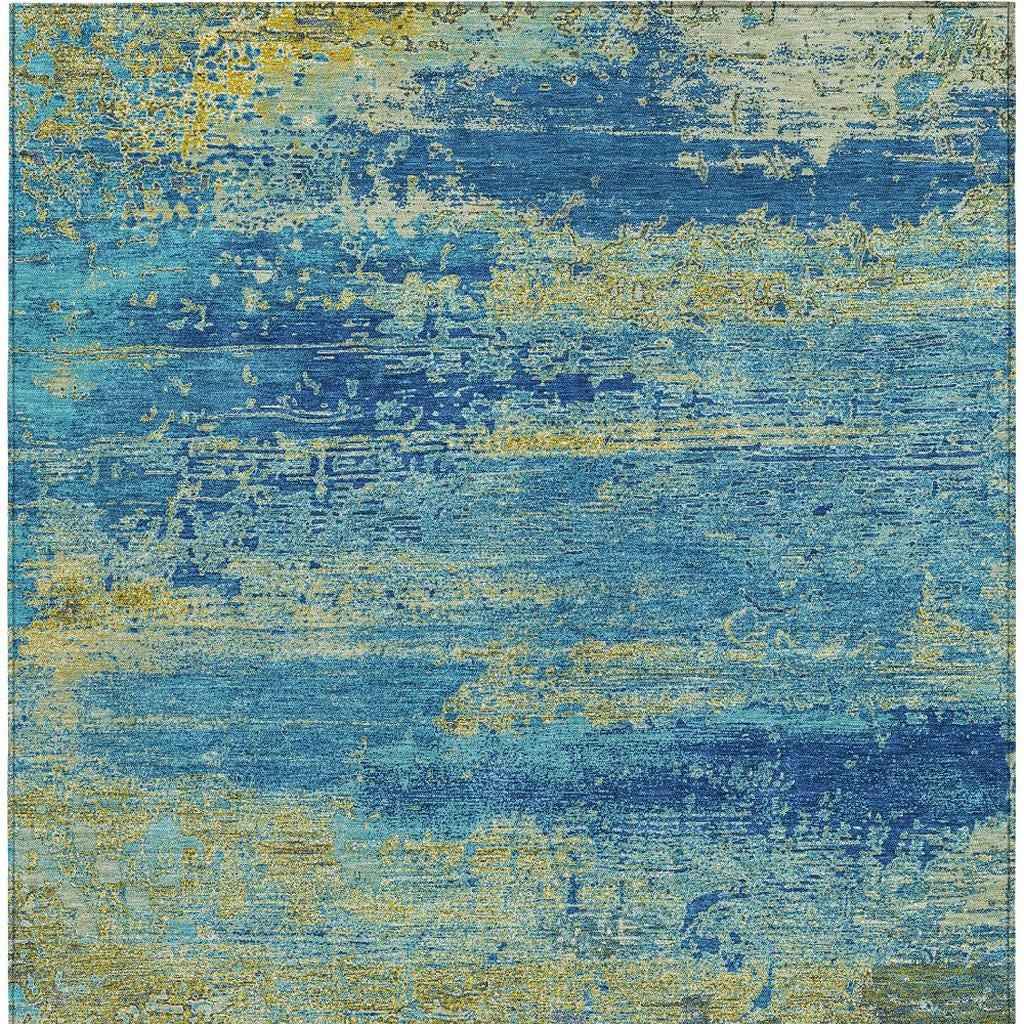 9' X 12' Navy Blue Sky Blue And Olive Green Abstract Washable Indoor Outdoor Area Rug