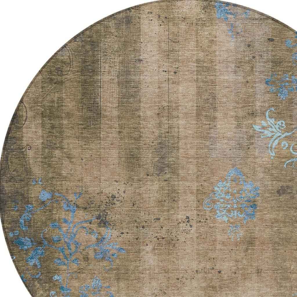 8' Taupe And Blue Round Floral Washable Indoor Outdoor Area Rug