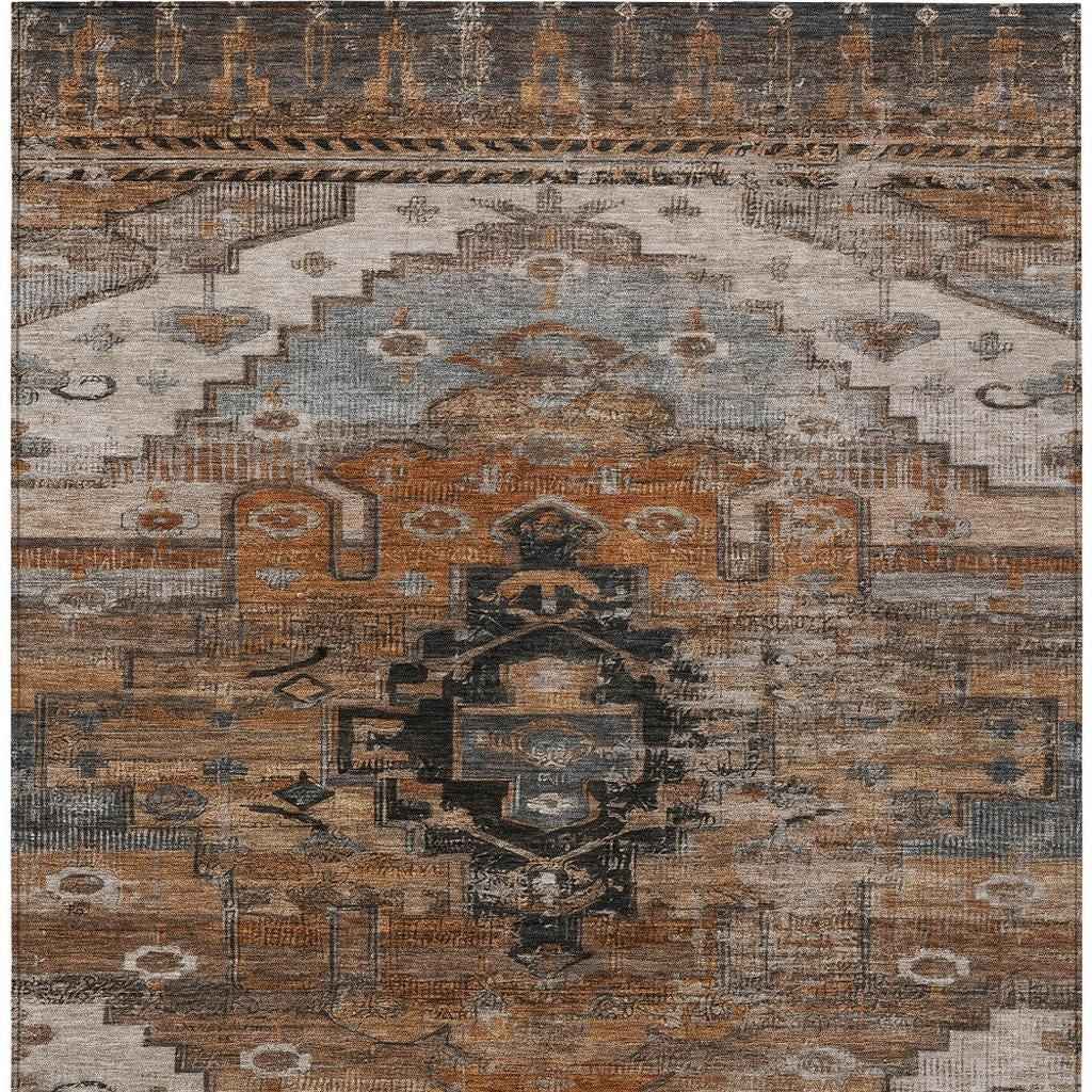 10' X 14' Terra Cotta Rust And Gray Tribal Washable Indoor Outdoor Area Rug