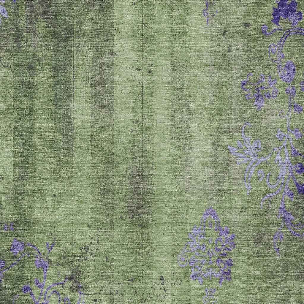 8' X 10' Artichoke Green And Purple Floral Washable Indoor Outdoor Area Rug