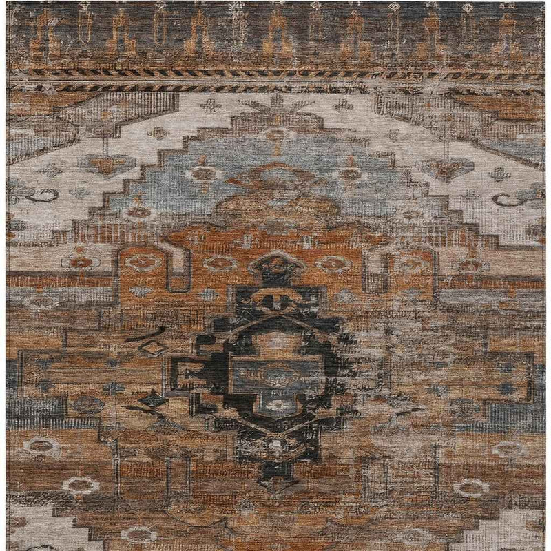 9' X 12' Terra Cotta Rust And Gray Tribal Washable Indoor Outdoor Area Rug