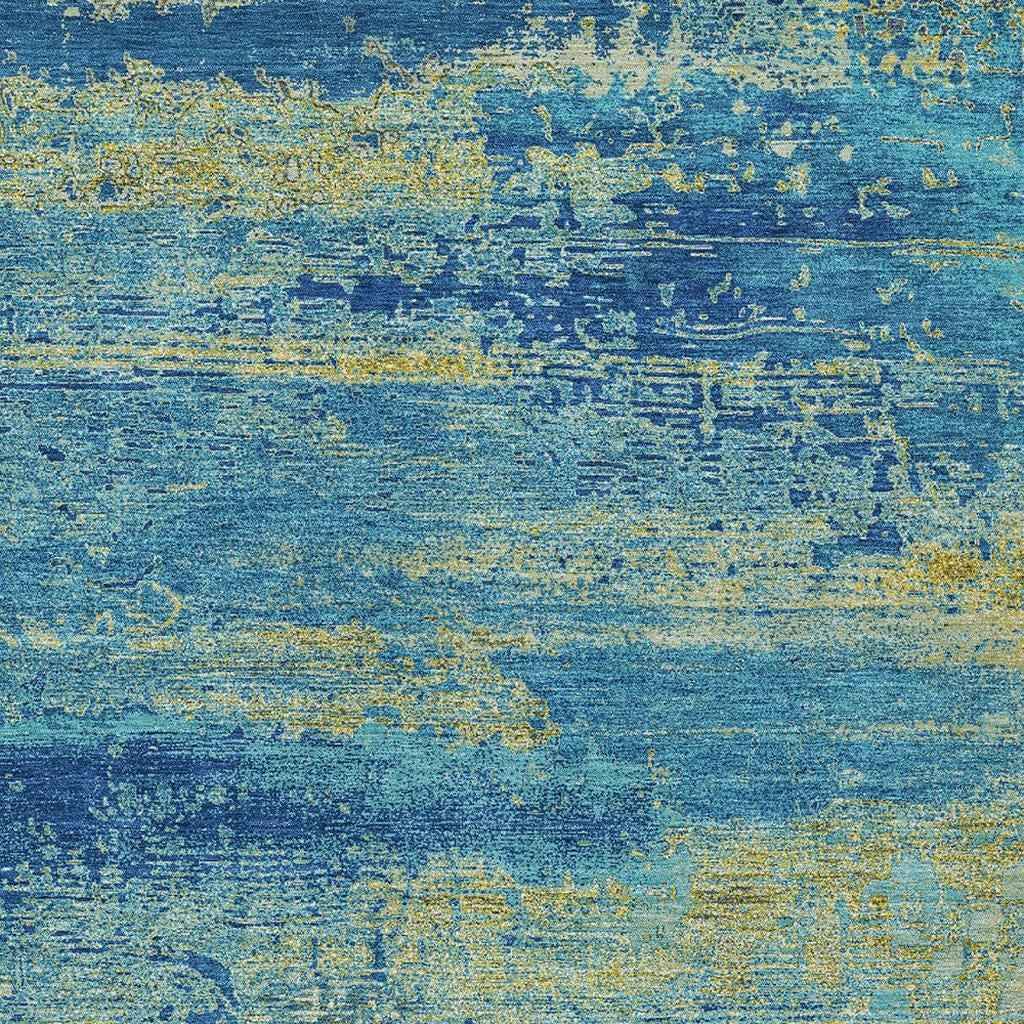 5' X 8' Navy Blue Sky Blue And Olive Green Abstract Washable Indoor Outdoor Area Rug