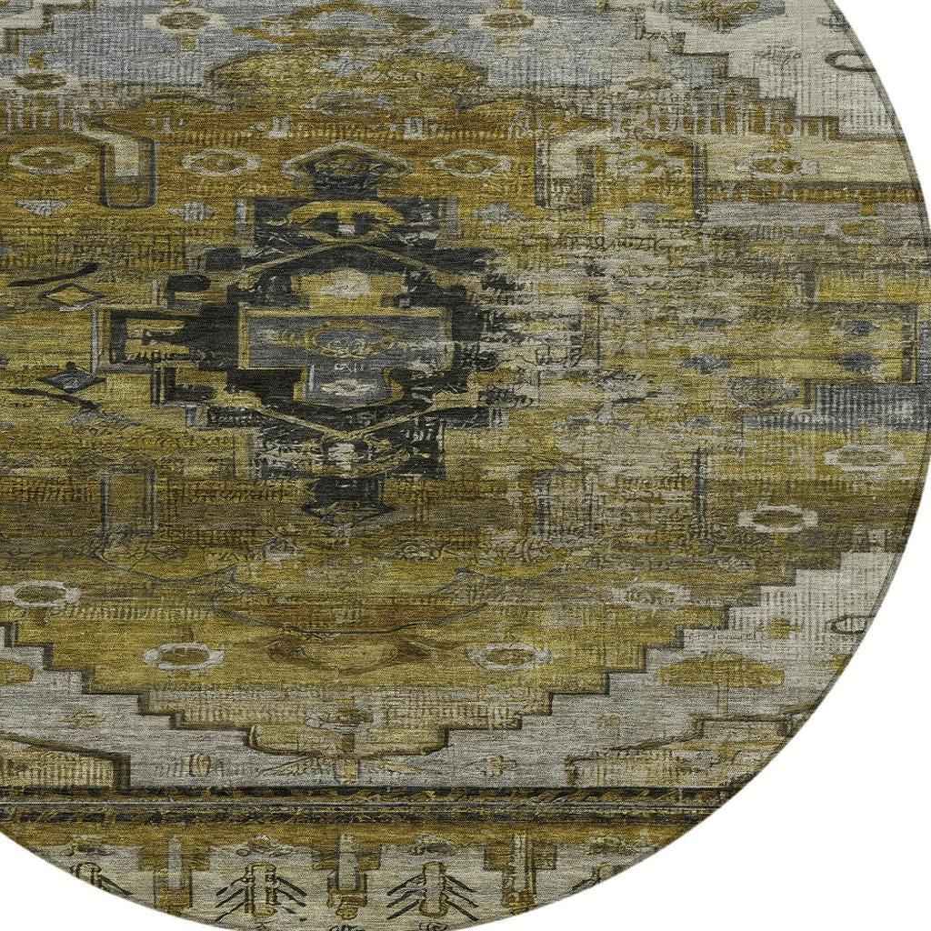 8' Brown Ivory And Gray Round Tribal Washable Indoor Outdoor Area Rug