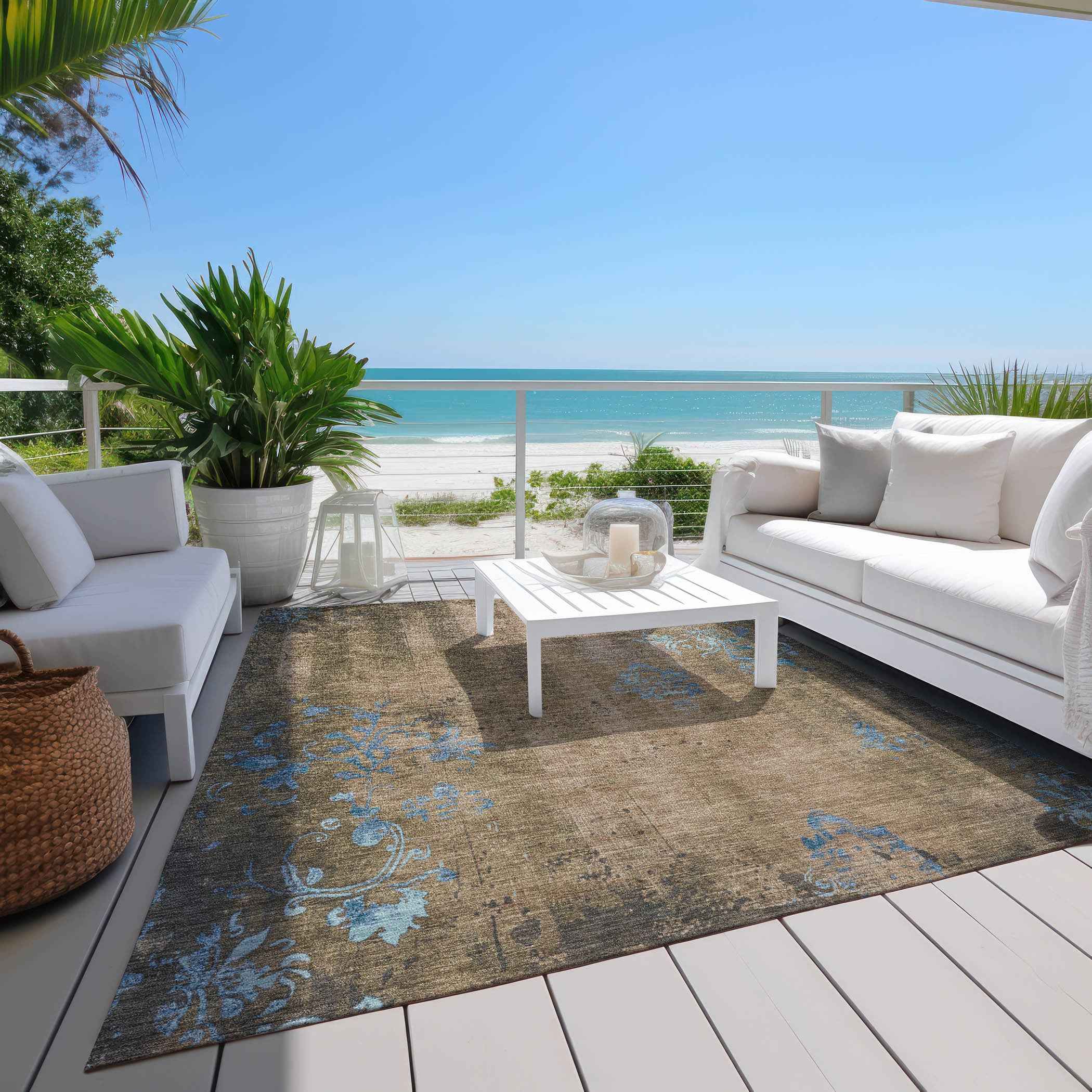 8' X 10' Taupe And Blue Floral Washable Indoor Outdoor Area Rug