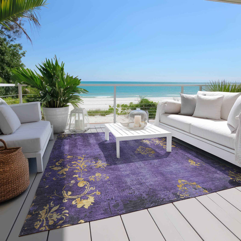 5' X 8' Purple And Gold Floral Washable Indoor Outdoor Area Rug