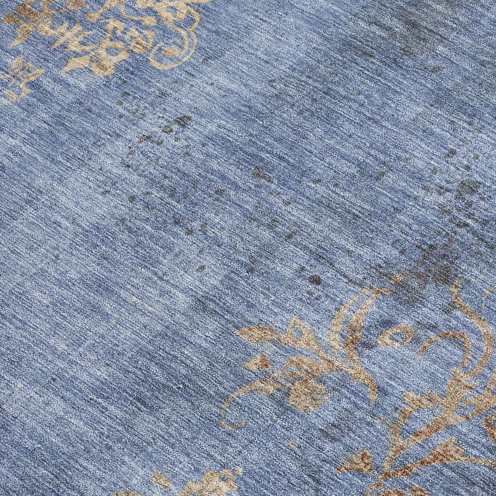9' X 12' Denim Blue And Beige Floral Washable Indoor Outdoor Area Rug
