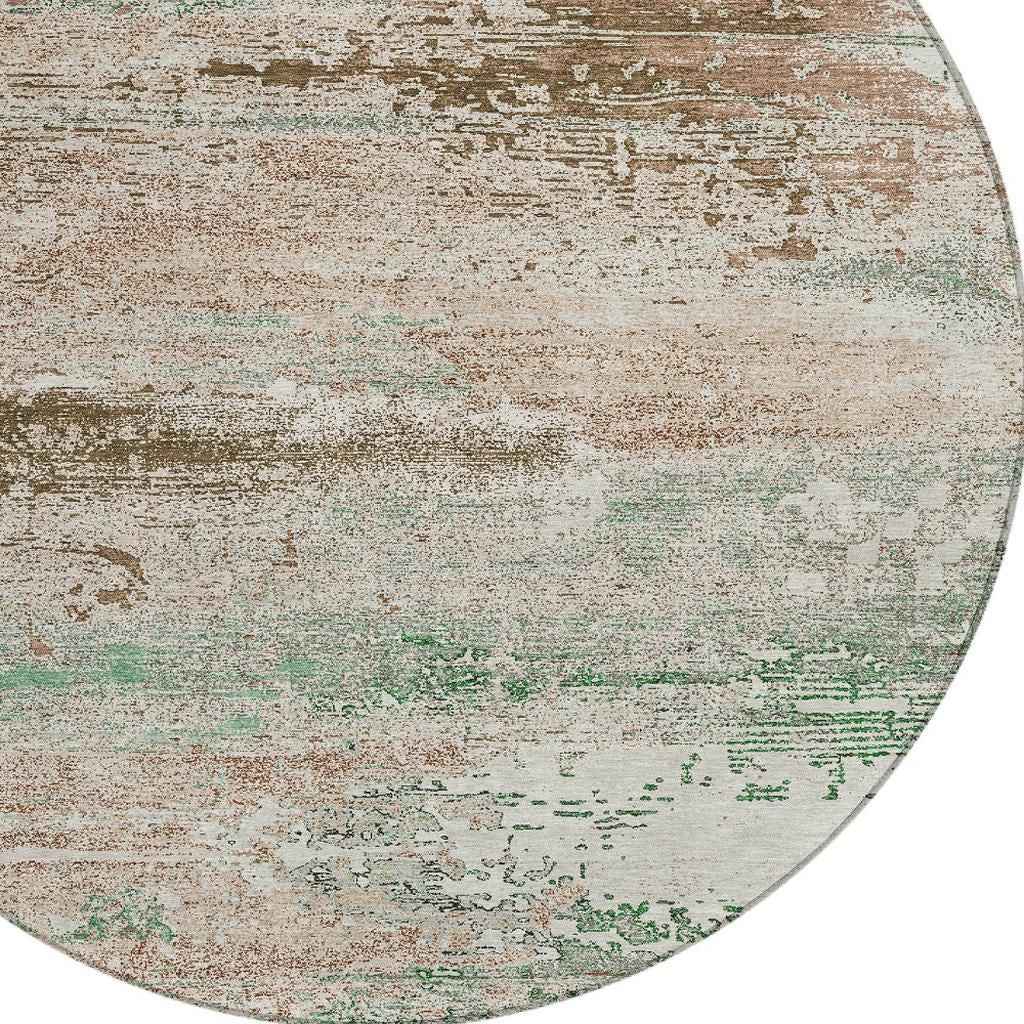 8' Khaki Beige And Ivory Round Abstract Washable Indoor Outdoor Area Rug